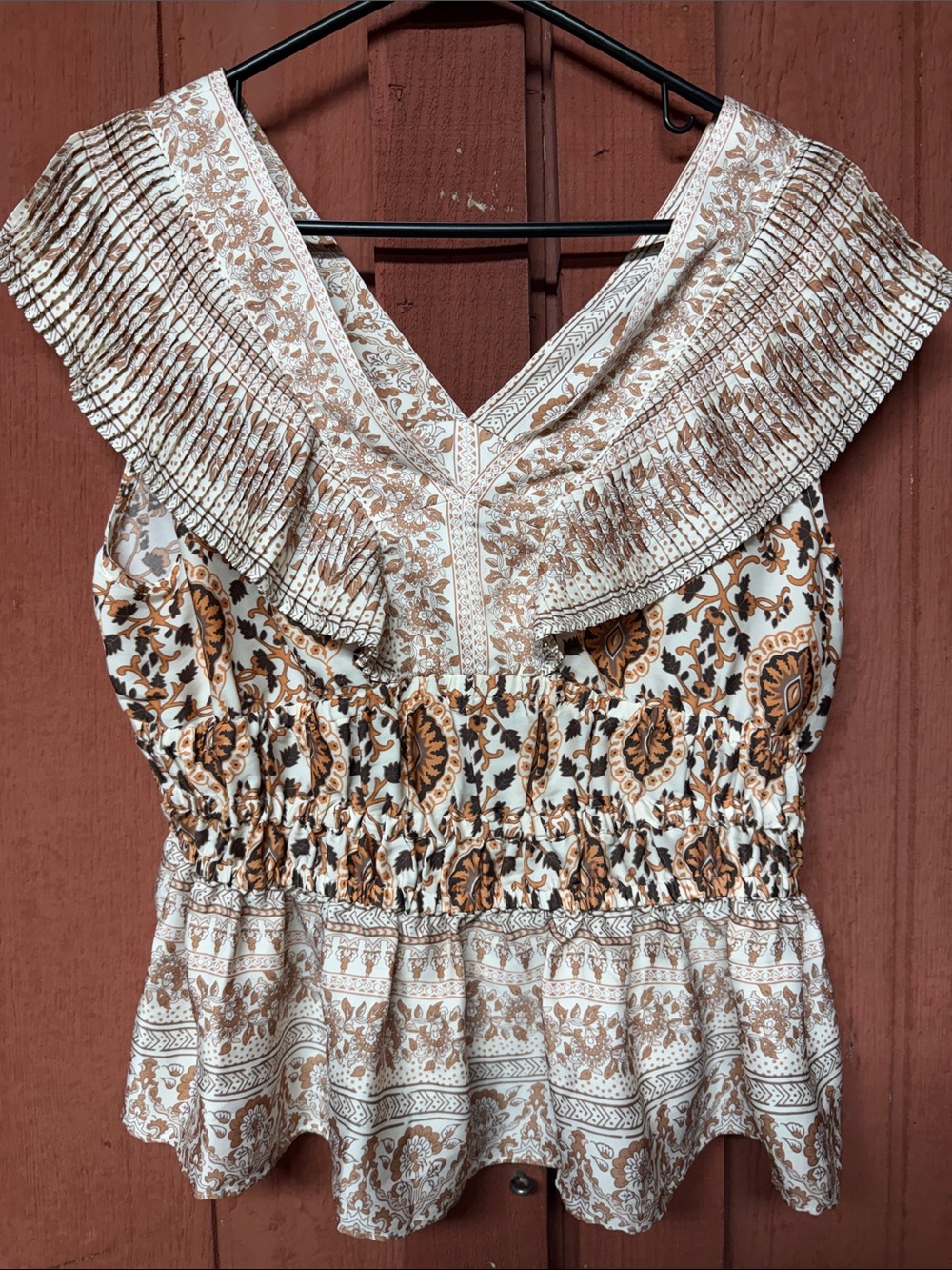 Rachel Zoe Cream and Brown Floral Paisley Ruffle Blouse